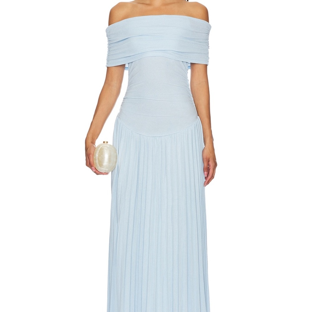 LIONESS Field Of Dreams Off Shoulder Dress in Light Blue
